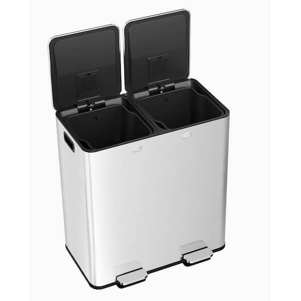 16 Gal. Silver Stainless Steel Dual Step-on Trash Can with Recycling Bin, Soft-Close Lid,Removable Plastic Inner Buckets