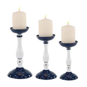 White Iron Baluster-Shaped Candle Holders with Blue Base and Bobeche (Set of 3)