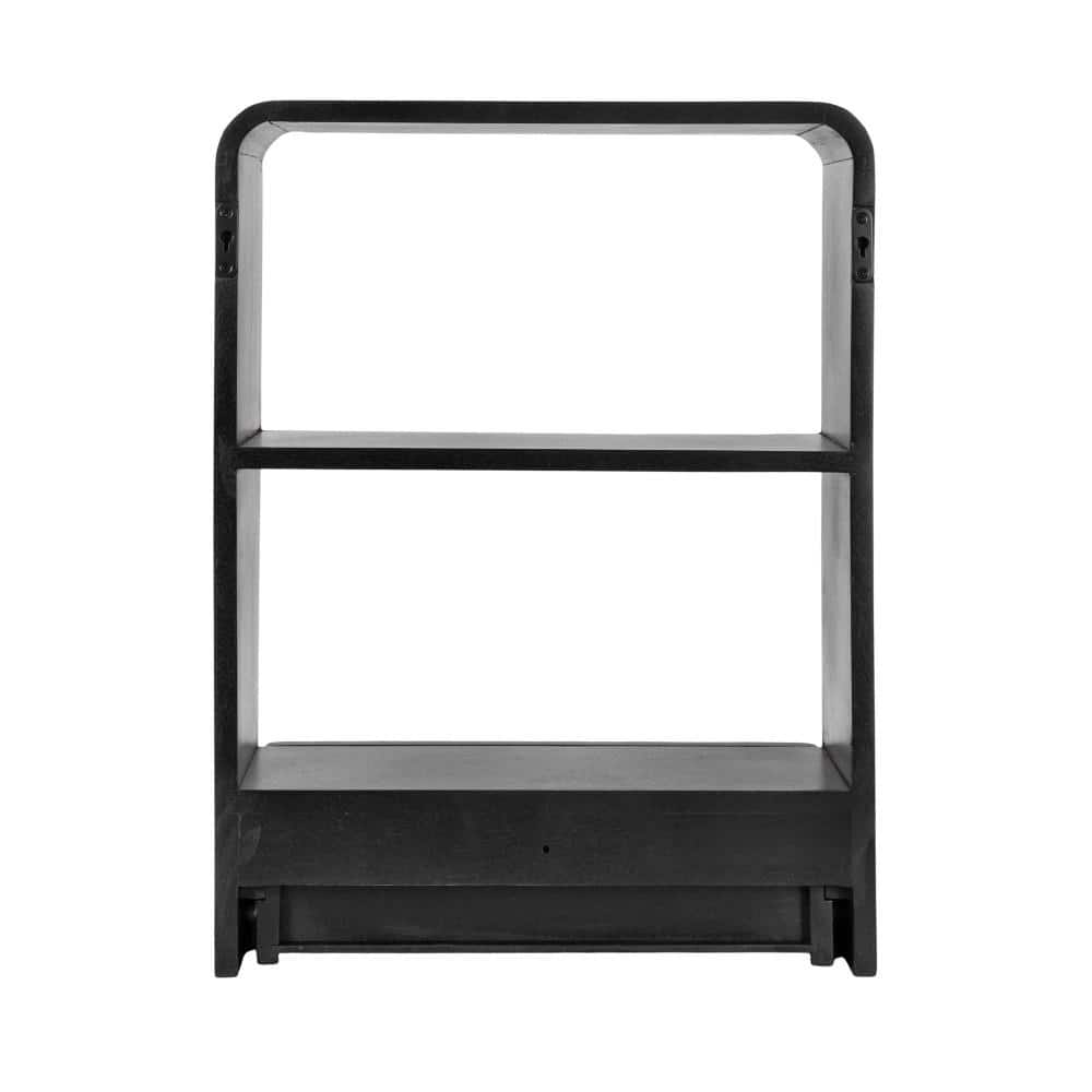 Black Mango Wood Floating Wall Shelf with Drawer, 18" x 24"