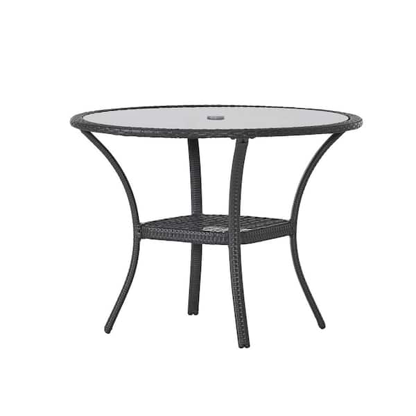 BOPOREA MEGO LLC Outdoor Wicker Bistro Table with Glass Top-Sturdy Metal Frame, Umbrella Hole, Weather-Resistant Patio Dining Table