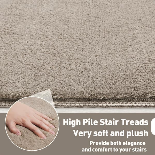 Plush Cream Gray 9.5 in. x 30 in. x 1.2 in. Bullnose Indoor Stair Tread Cover Tape Free Non-slip Carpet Set of 14