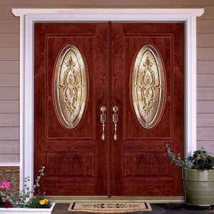 74 in.x81.625 in. Silverdale Brass 3/4 Oval Lite Stained Cherry Mahogany Left-Hand Fiberglass Double Prehung Front Door