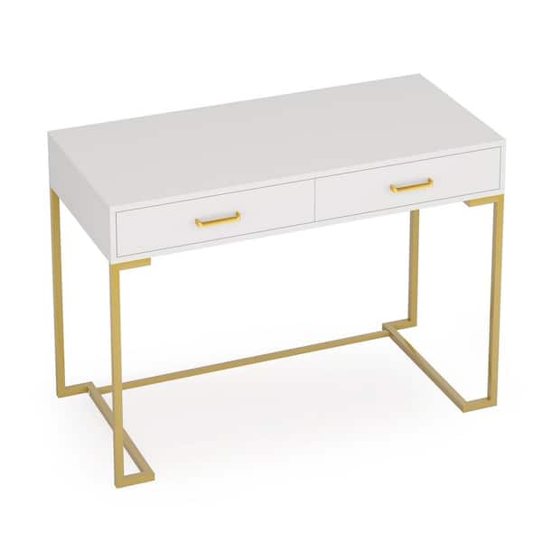 BYBLIGHT Moronia 39.37 in. W Retangular Gold and White 30 in. H Wood Computer Desk with 2-Drawer