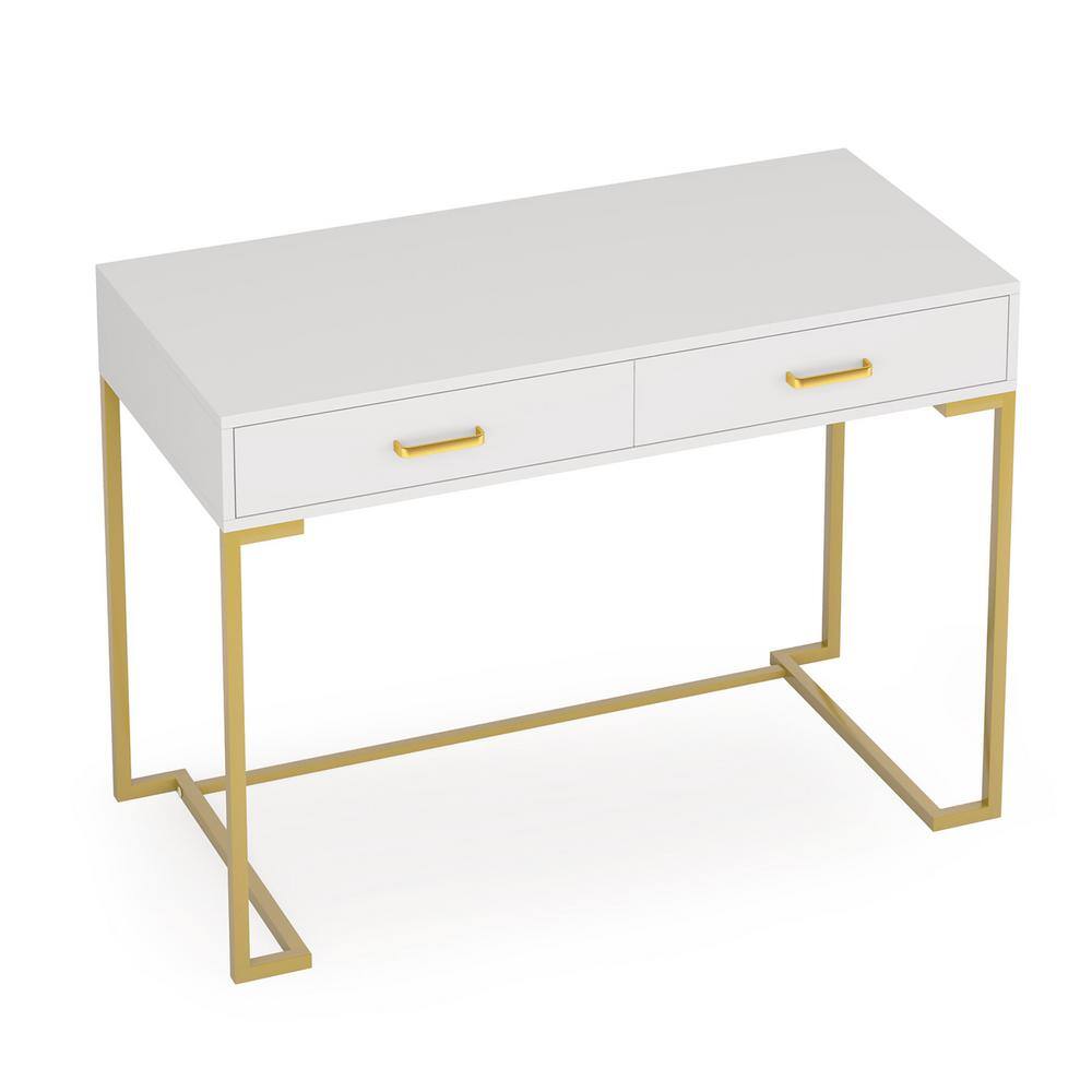 BYBLIGHT Moronia 39.37 in. W Retangular Gold and White 30 in. H Wood Computer Desk with 2Drawer