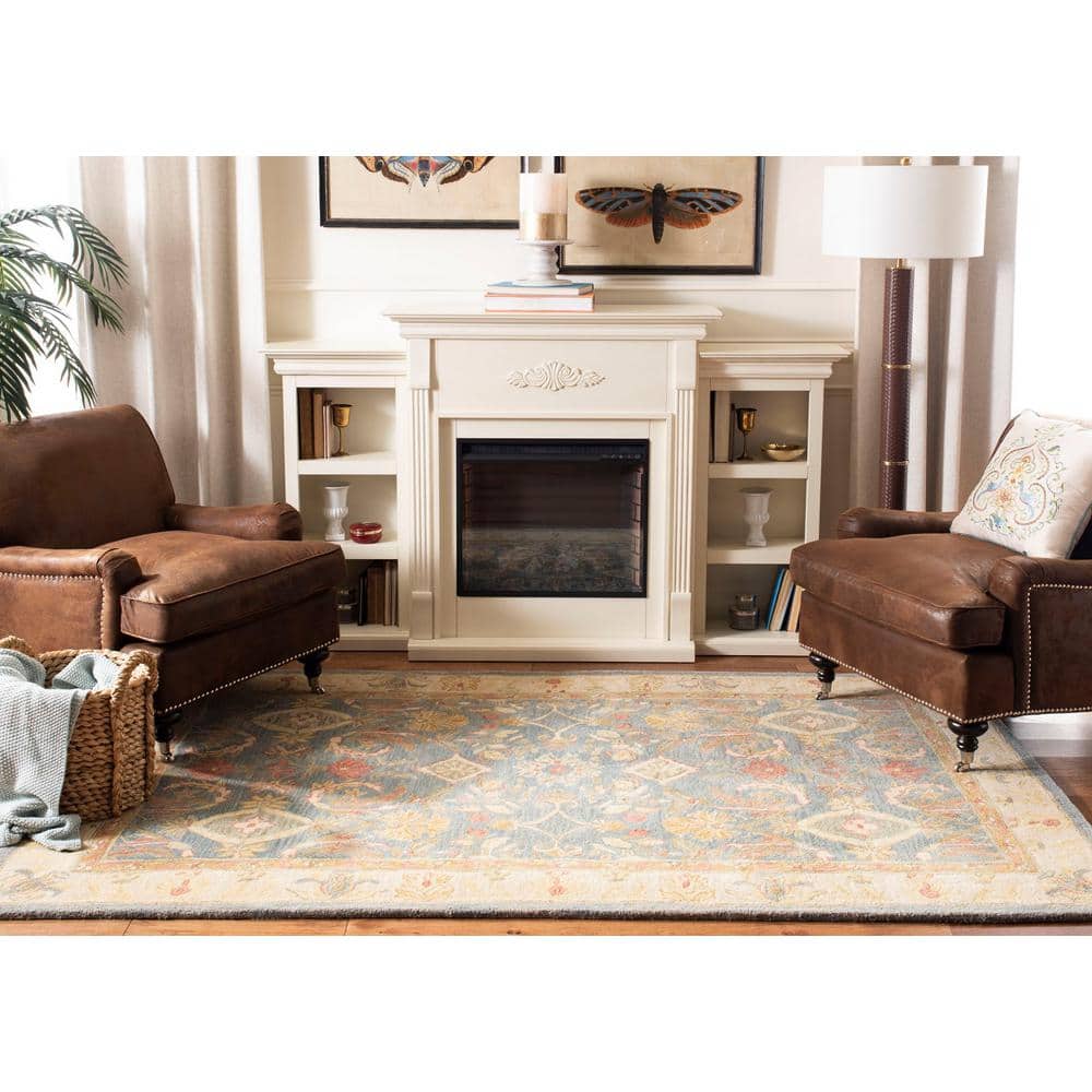 Light Blue Floral Handmade Wool 8' x 10' Area Rug
