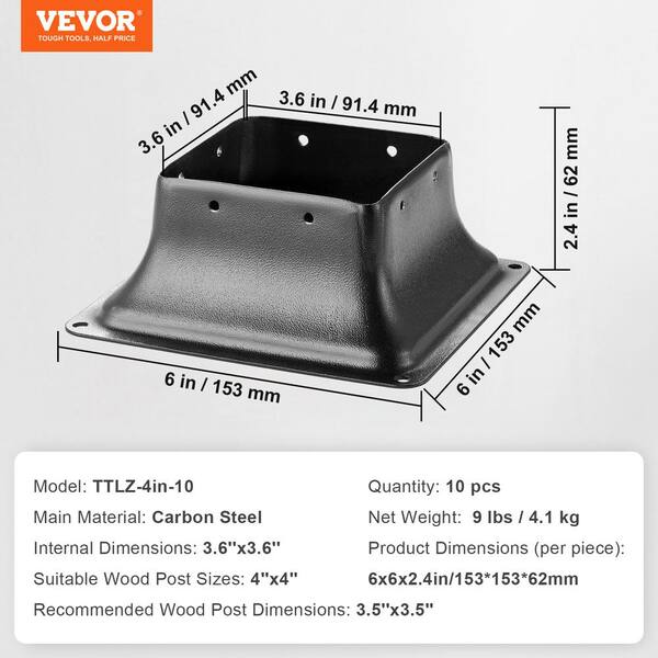 VEVOR Post Base 4in.x 4in. 10-Pieces Internal 3.6in. x 3.6in. Heavy Duty Powder-Coated Steel Post Bracket Fit for Post Anchor