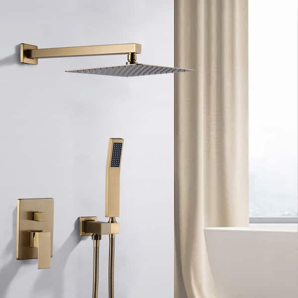 Single Handle 1-Spray Dual Wall Mount 12 in. Fixed and Handheld Shower Head 1.8 GPM with Brass Rough-in Valve in Gold