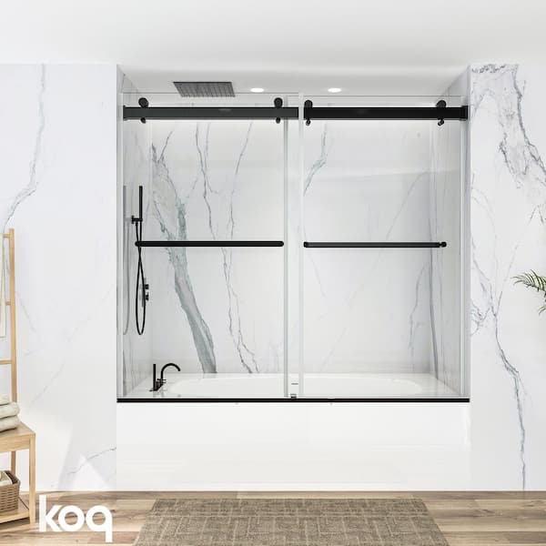 Aureum Series 60 in. W x 66 in. H Double Sliding Frameless Tub Door in Matte Black with 3/8 in. Clear Glass