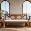 Wooden bench by a window overlooking the ocean scene.