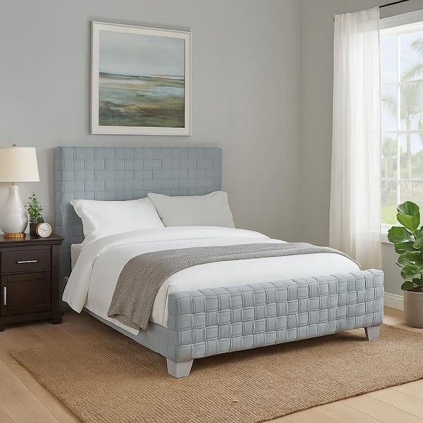 Reah Gray and Teal Blue Composite Wood Frame King Platform Bed with Panel Headboard