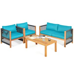 4-Piece Acacia Wood Patio Conversation Set with Turquoise Cushion
