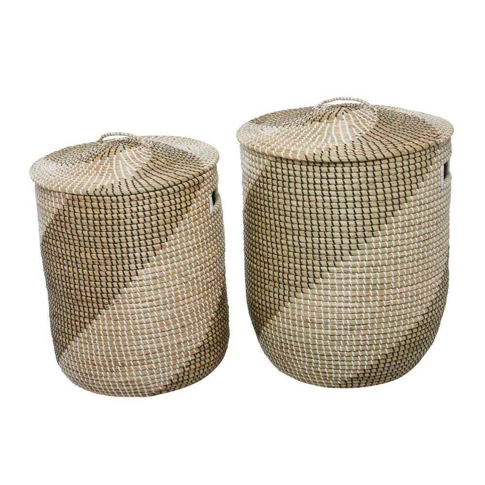 Handmade Two-Toned Seagrass Round Storage Baskets with Lids