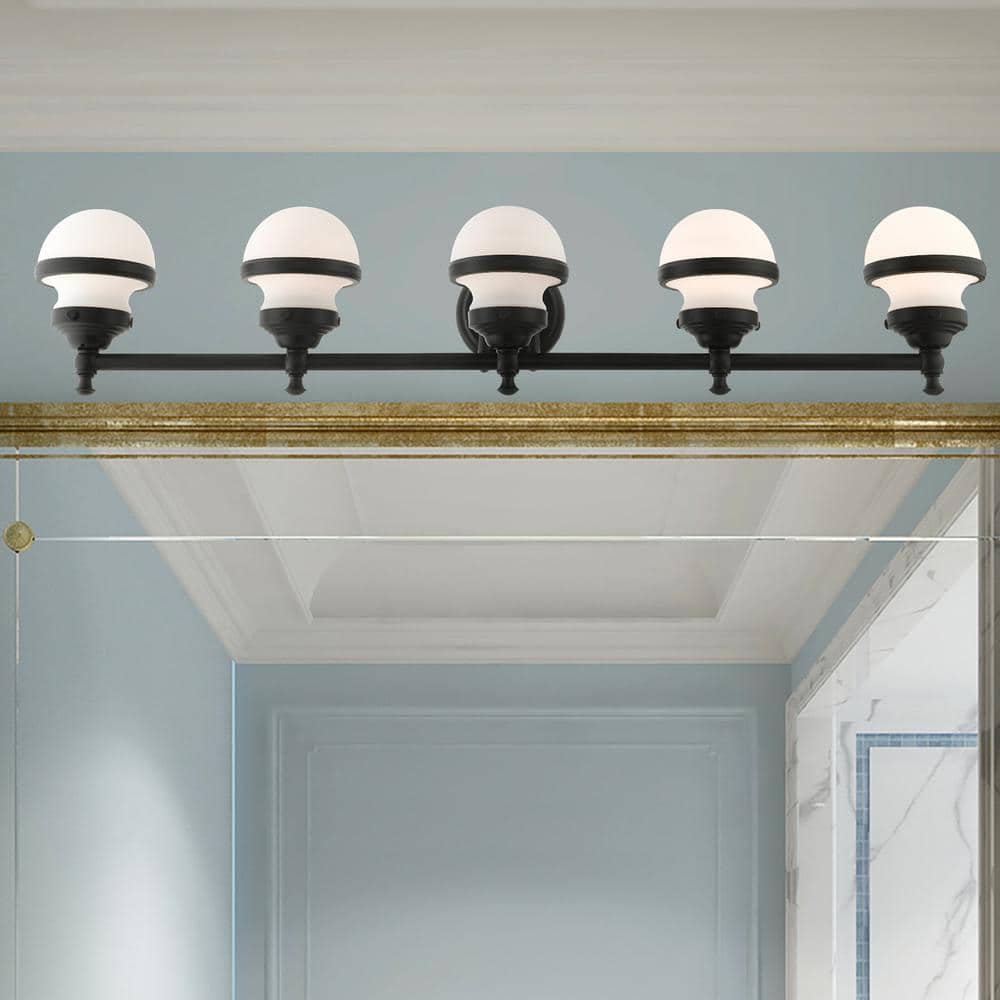 Oldwick Sleek Black 5-Light Vanity Sconce with Satin Opal White Glass
