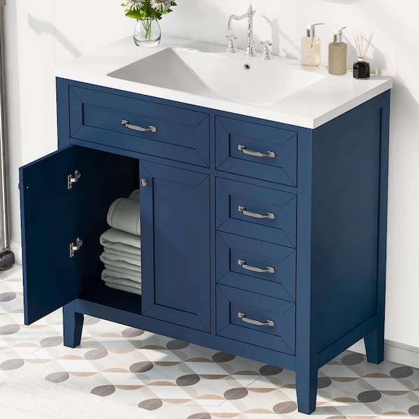 Nestfair 36 in. W x 18 in. D x 36 in. H Freestanding Bath Vanity in Blue with White Ceramic Top