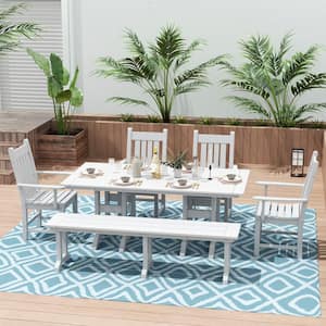 Hayes 6-Piece HDPE Plastic Outdoor Patio Rectangle Table Dining Set with Bench and Armchairs in White