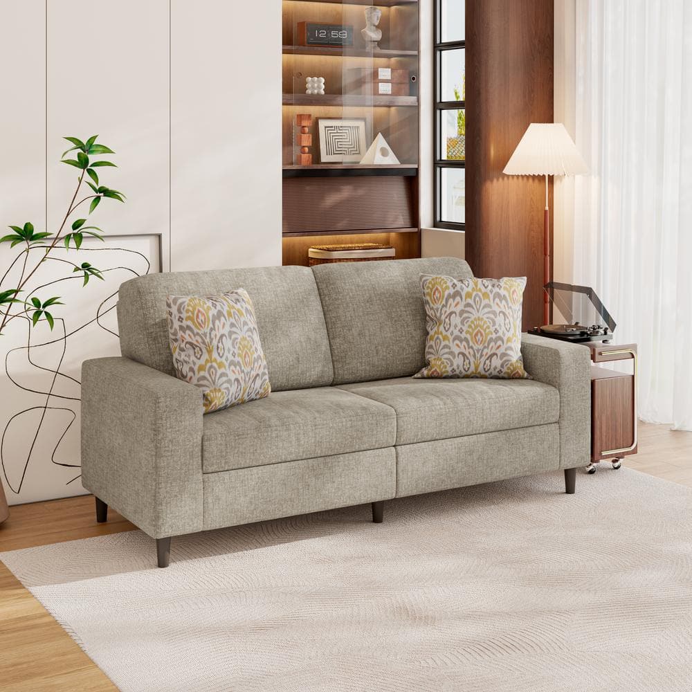 Textured Taupe Chenille Fabric Lawson Sofa with Solid Wood Legs