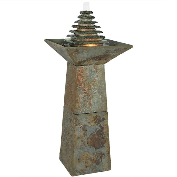 Sunnydaze 40 in. Layered Slate Pyramid Outdoor Cascading Water Fountain with LED Light