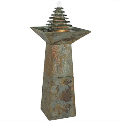 40 in. Layered Slate Pyramid Outdoor Cascading Water Fountain with LED Light