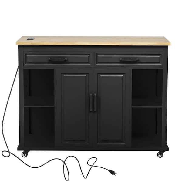 Black Rubber Wood 47 in. Kitchen Island with Extendable Dining Table and Power Outlet
