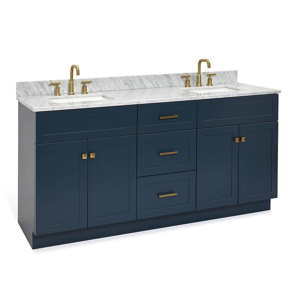 Midnight Blue Double Sink Freestanding Vanity with White Marble Top