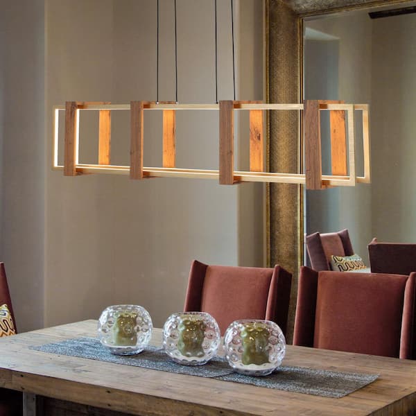 40in. 1-Light Linear Wood Frame Chandelier Rectangular LED Modern Black Pendant Dining Living Room Kitchen Island