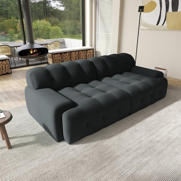 J&E Home 86.5 in. Square Arm Knit Fabric Rectangle 2-piece Waffle Sectional Sofa with Resilience Seat in. Black