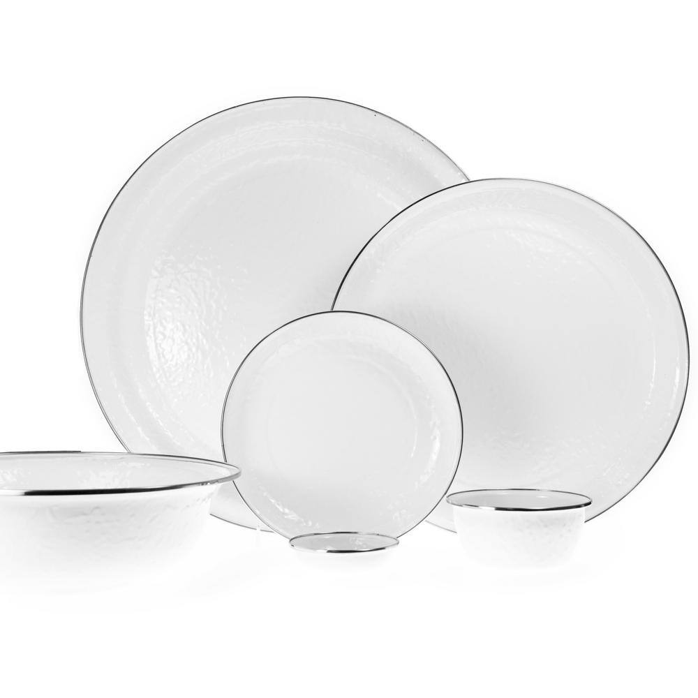 White Circular Enamel Tray with Stainless Steel Accents