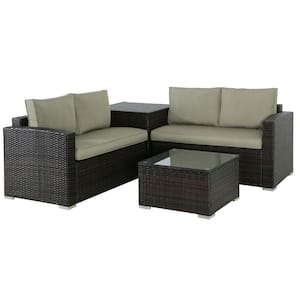 Brown 4-Piece Wicker Outdoor Patio Conversation Sectional Sofa Seating Set with Khaki Cushions