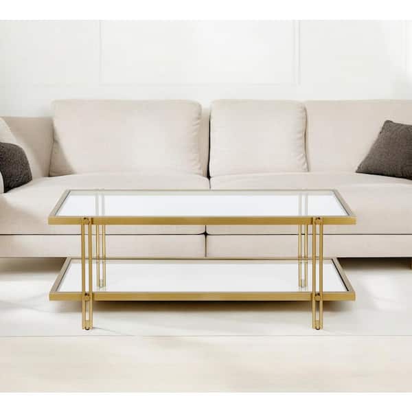 HomeRoots 45 in. Gold Rectangle Glass Coffee Table with Shelves;Storage