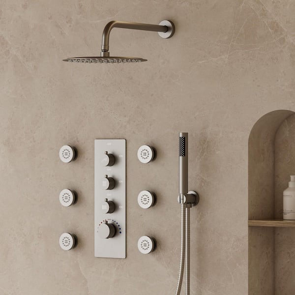 YAWWALK Thermostatic Valve 12 in. Wall Mount Triple Handle 7-Spray Patterns Shower Faucet With 6-Jets in Brushed Nickel