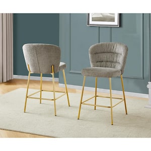 Danisha Grey Fluffy Fabric Counter Height Stool (Set of 2) with Gold Chrome Plated Legs