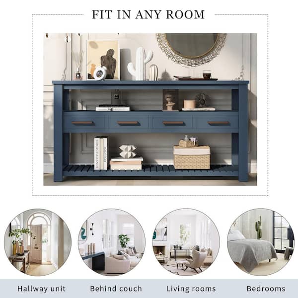 62.2 in. W x 13.8 in. D x 32 in. H Navy Blue Linen Cabinet with 4