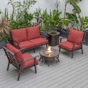 Walbrooke Brown 5-Piece Aluminum Round Patio Fire Pit Set with Red Cushions and Tank Holder