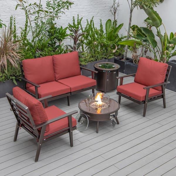 Leisuremod Walbrooke Brown 5-Piece Aluminum Round Patio Fire Pit Set with Red Cushions and Tank Holder