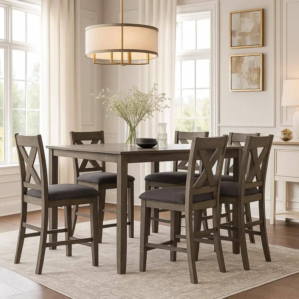 Caity 7 Piece Antiqued Gray Rectangular Wood Top Dining Table Set Seats 6