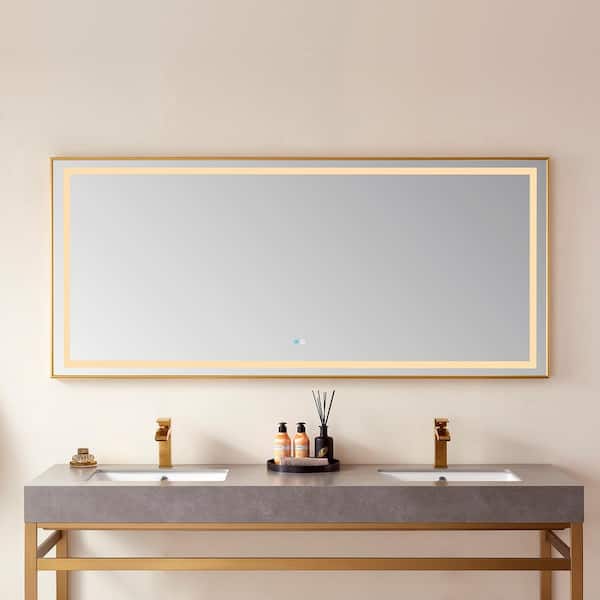 ROSWELL Teruel 72 in. W x 32 in. H Large Rectangular Aluminum Framed LED Wall Bathroom Vanity Mirror in Brushed Gold