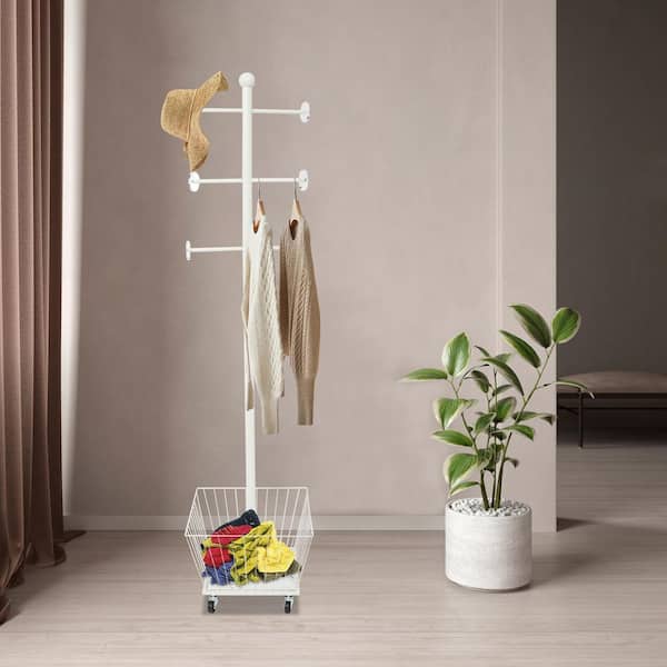 White 66 in. Tall Metal Carbon Steel Free Standing 6 Hooks Coat Rack with Wheels and Storage Basket