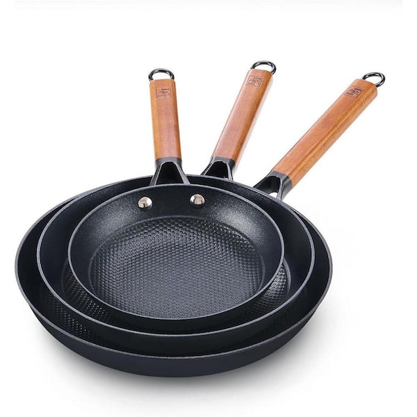 3-Piece Cast Iron Nonstick Skillet Frying Pan Set, 8" 10" 12" with Detachable Acacia Wooden Handle, Nonstick Omelet Pan