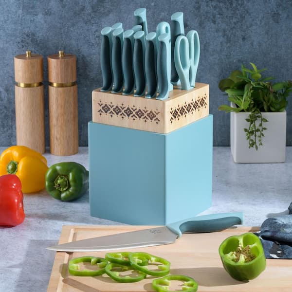 GreenLife Stainless Steel 13-Piece Knife Block Cutlery Set, Turquoise