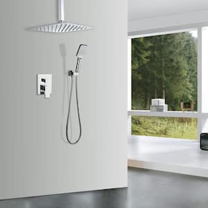 Mondawell Square 3-Spray Patterns 12 in. Ceiling Mount Rain Dual Shower Heads with Handheld and Valve in Chrome