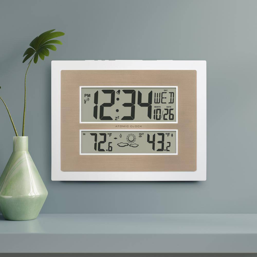 White and Champagne Atomic Digital Wall Clock with Temperature Display