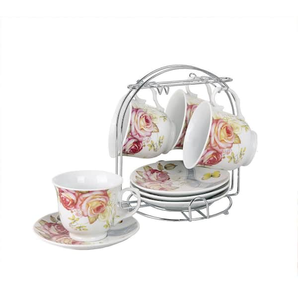 Set of 6 Espresso Cups 2oz. On Metal Stand-Red and Ivory Flower