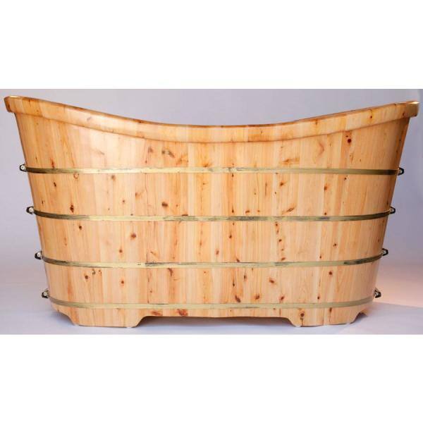 63'' Natural Cedar Freestanding Soaking Bathtub with Iron Wraps