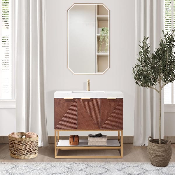 ROSWELL Mahon 36 in. W x 22 in. D x 33.9 in. H Single Sink Bath Vanity in Walnut with White Grain Composite Stone Top
