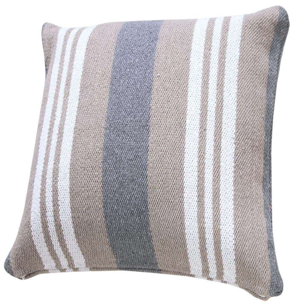 20" Beige and Gray Striped Cotton Throw Pillow