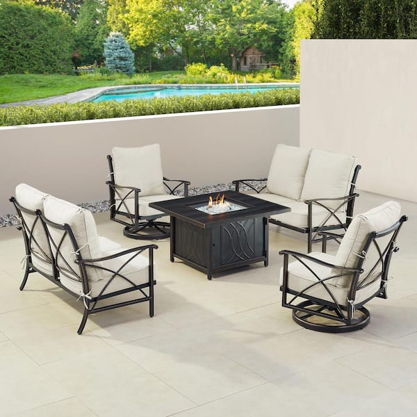 Oakland Living Black Aluminum Fire Table Set with 2-Loveseats and 2-Club Chairs