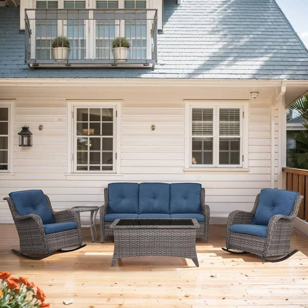 Opohoro ArcoBay 5-Piece Gray Wicker Outdoor Rocking Swivel Chairs Patio Conversation Set with Blue Cushions and 3-Seat Sofa