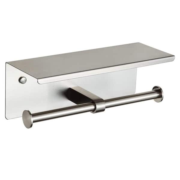 Wall-Mount Toilet Paper Holder in Brushed Nickel, Double Toilet Paper Holder with Shelf, 100% Stainless Steel 304