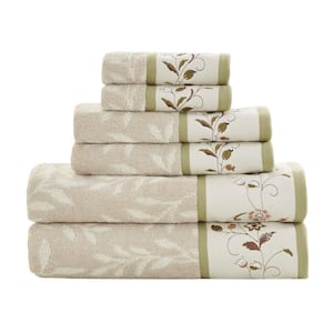 Belle 6-Piece Green Embroidered Jacquard Cotton Bath Towel Set