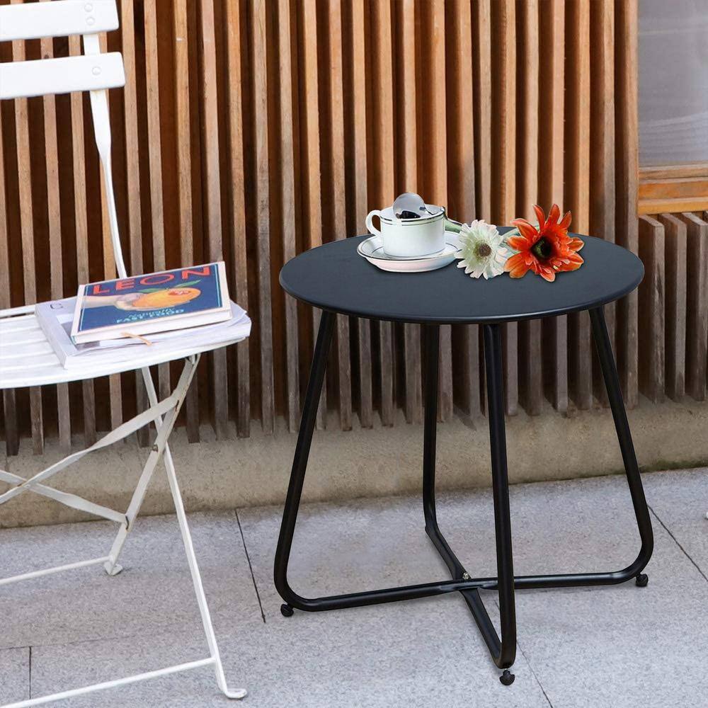 Black Round Steel Patio Side Table with Adjustable Feet